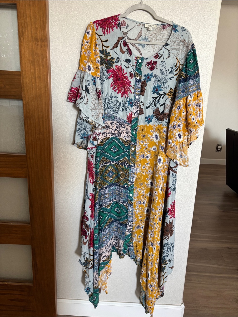 Umgee Multicolor Patchwork Asymmetrical Midi Dress - Mustard, Teal & Red Floral